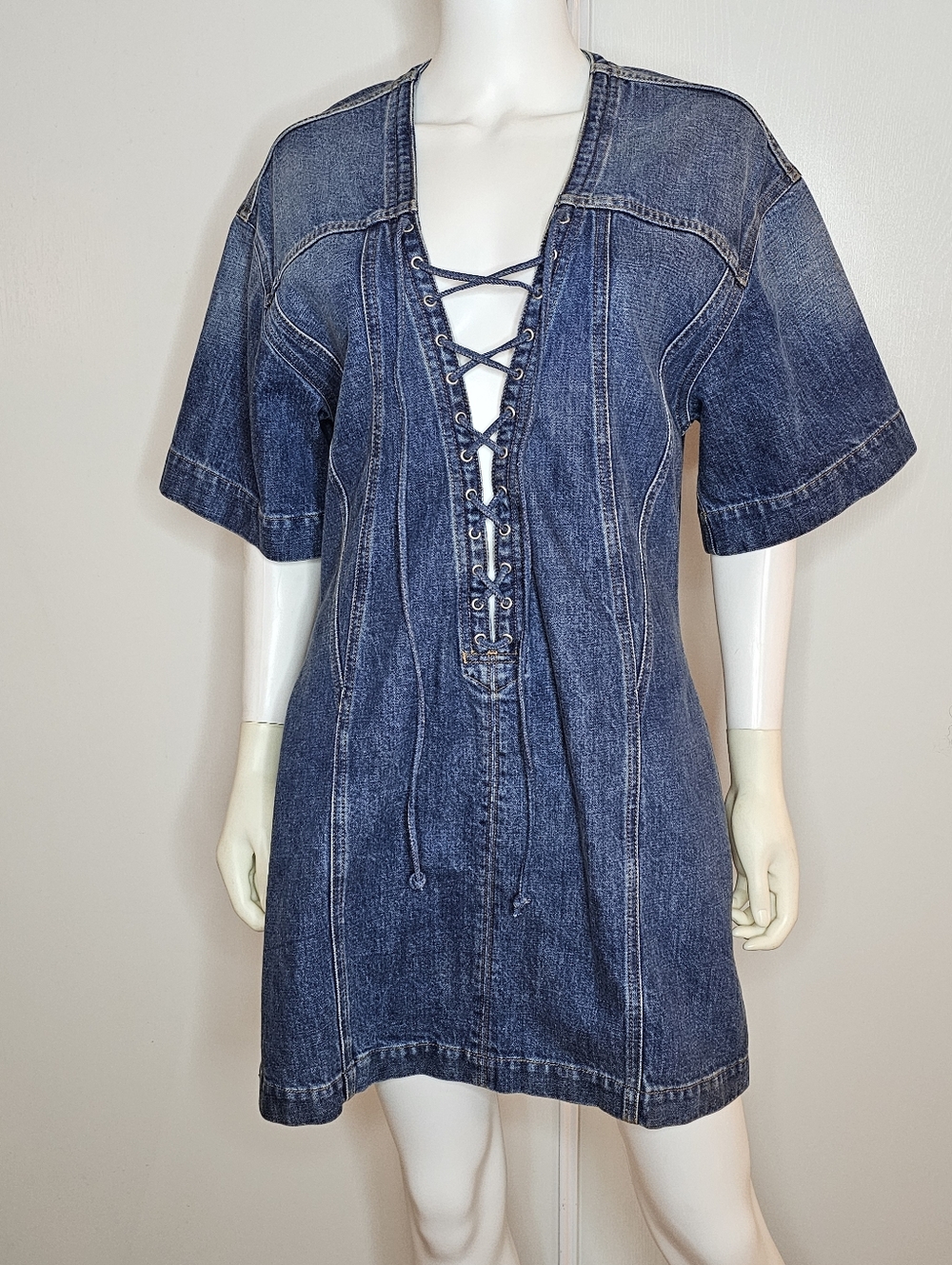 Stella McCartney Lace-Up Dark Blue Denim Mini Dress Size L Made In Italy - Picture 2 of 8
